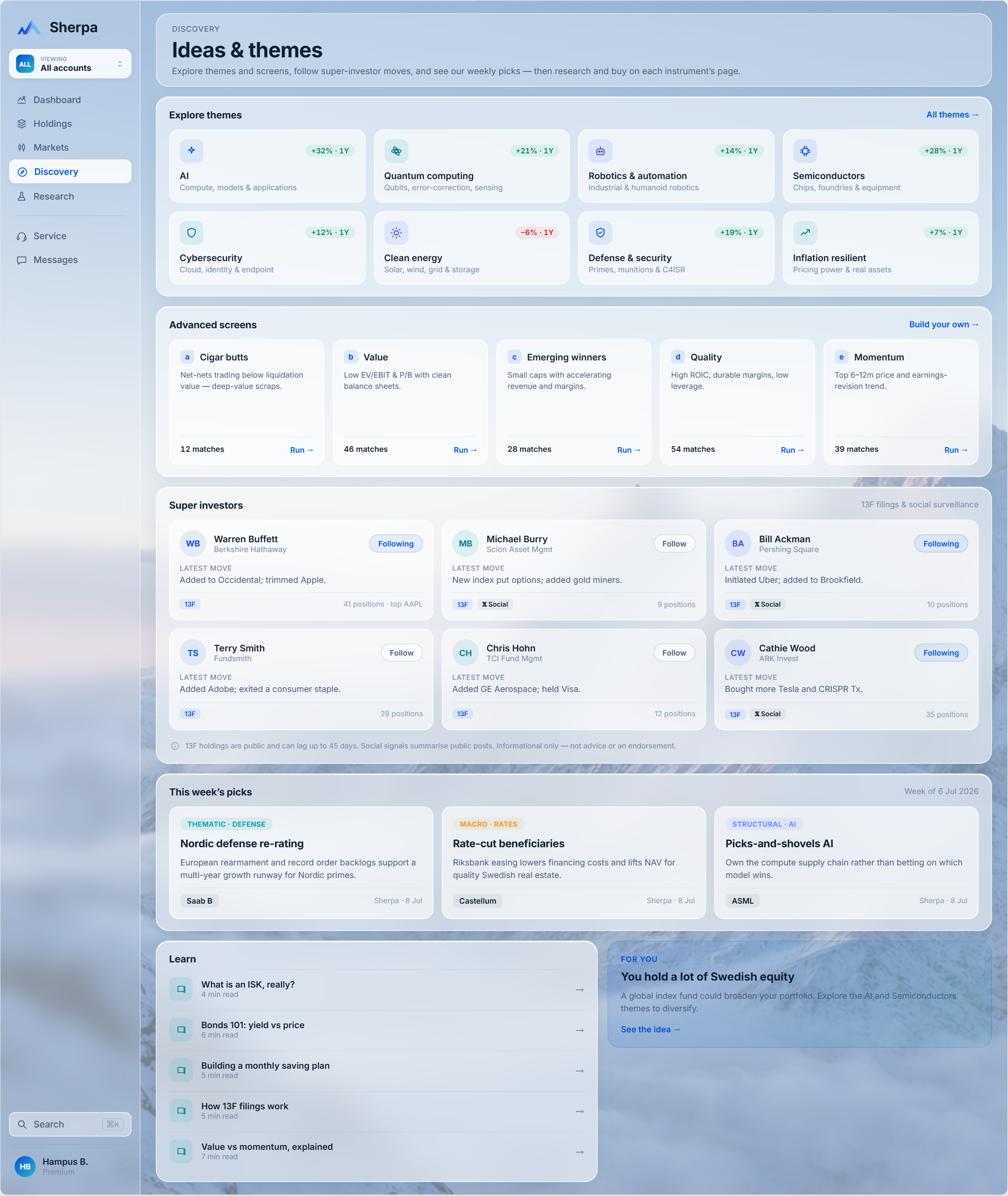 Sherpa Discovery with themes, screens, super investors and weekly picks