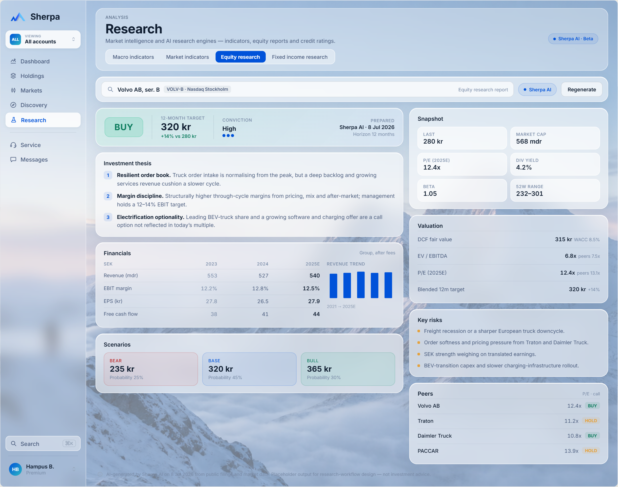 Sherpa equity research engine with valuation and estimates